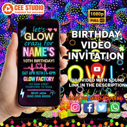 neon glow party digital video invitation, lets glow video invite, glow party evite, neon theme, neon glow video invite