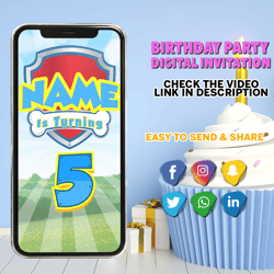paw birthday video invitation, paw digital video invitation, paw personalized video invitation, patrol evites