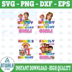 cocomelon birthday bundle png, cocomelon daddy and mommy of birthday girl, cocomelon family birthday png for sublimation