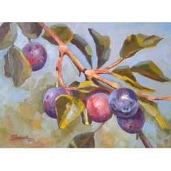plum branch painting fruit original artwork small artwork 7x9,5" (18 x 24cm) by svetlana