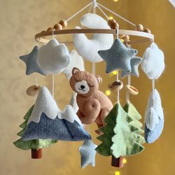 nursery mobile crib woodland mobile animals baby mobile bear baby boy mobile baby shower gift musical mobile felt