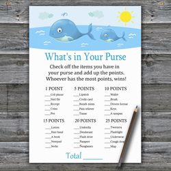 Under the sea What's in your purse game,Whale Baby shower games printable,Fun Baby Shower Activity,Instant Download-335