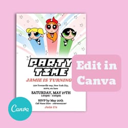 powerpuff girls birthday invitation, bubbles, blossom, buttercup, editable powerpuff girls party invite, superhero