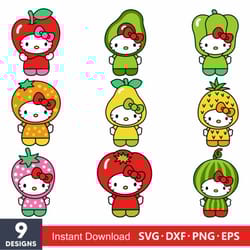 hello kitty fruits bundle svg, hello cat fruist svg, kawaii kitty svg, hello kitty svg, cartoon svg - digital file