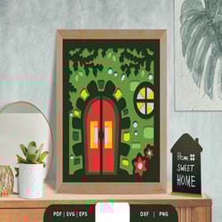 home porch shadow box paper cut, shadow box template, paper cutting template, light box svg files, 3d papercut lightbox