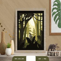dense forest 3d shadow box paper cut, shadow box template, paper cutting template, light box svg files, 3d papercut ligh