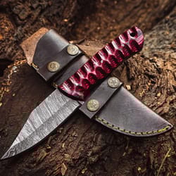 handmade damascus steel hunting knife wood handle with leather sheath me-19