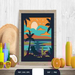 beach sunset 3d shadow box paper cut,shadow box template, paper cutting template, light box svg files, 3d papercut light