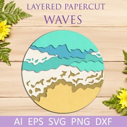 3d summer layered papercut, sea waves shadow box svg for cricut and silhouette