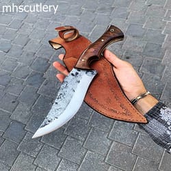 custom handmade carbon steel bushcraft hunting knife with wood handle and leather sheath.