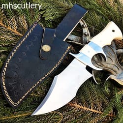 custom handmade stainless steel bushcraft hunting bowie knife with bone handle and leather sheath.