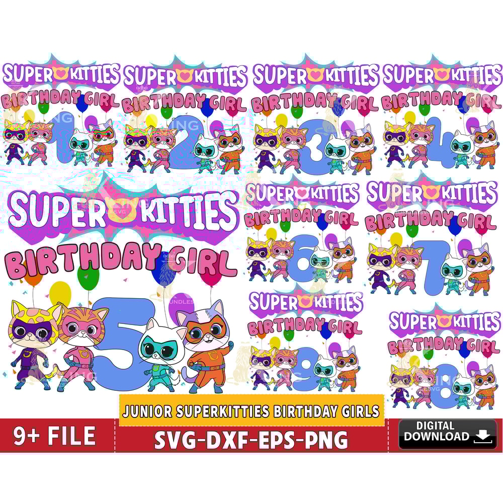 Junior SuperKitties Birthday Girls Number bundle, 9 file SuperKitties svg.jpg