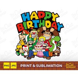 Super Mario Happy Birthday Luigi Princess Peach Yoshi Bowser Toad Goomba DK Group with Cake | PNG JPG Clipart Digital Do
