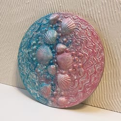 original textured painting with shells, blue pink mixed media art on wooden panel, 3d art with glitter, birthday gift