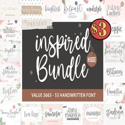 the inspired huge bundle - cute fonts, cricut font bundle, script fonts, fonts for cricut, procreate fonts,