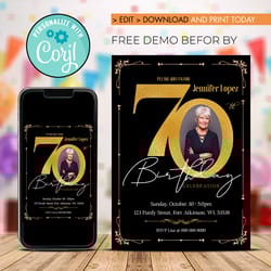 editable 70th birthday invitation with photo, 70 and and fabulous birthday invitation