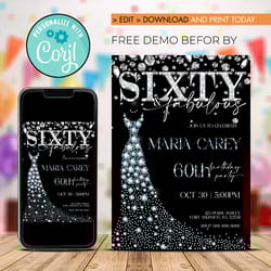 editable sixty birthday invitation, 60th birthday invitation instant download