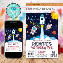 editable astronaut birthday invitation, astronaut boy birthday invitation instant download