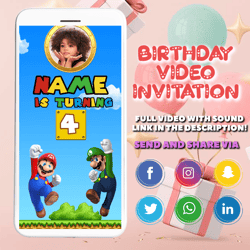 super mario invitation, super mario birthday video invitation, super mario birthday invitation, digital invite