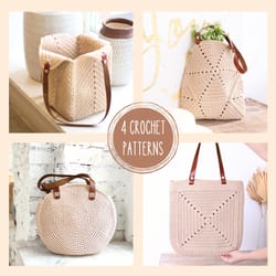 4 crochet bag patterns bundle, round tote bag diy, square beach bag, grenny square bag, shoulder bag, gift for mom diy