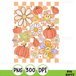 Halloween Checkered Png, Groovy Fall Sublimation, Floral Halloween Png, Grunge Happy Face Pumpkins, Autumn Flowers, Retr