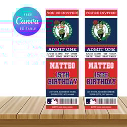 boston celtics ticket style sports birthday invitations canva editable instant download