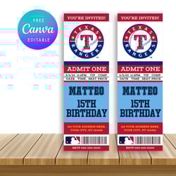 texas rangers ticket style sports birthday invitations canva editable instant download