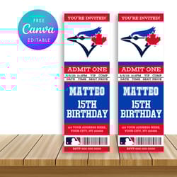 toronto blue jays ticket style sports birthday invitations canva editable instant download