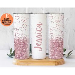 Personalized Glitter Heart Valentine's Day Tumbler, 20 oz Travel Mug with Custom Name, Perfect Gift for Him or Her, Coup
