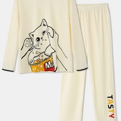 plus size women cartoon animal letter print cotton cozy pajamas sets