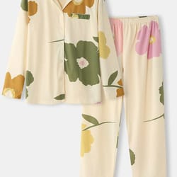 women floral print button front revere collar cozy pajamas sets