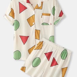 women ribbed geo print revere collar button up pajamas sets