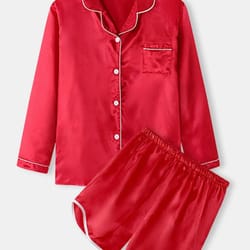 women contrast lining single pocket front buttons smooth pajamas sets