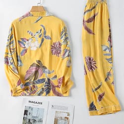 women tropical plant print revere collar button front cozy pajamas sets