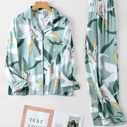 women flower print button front contrast binding long pajamas sets