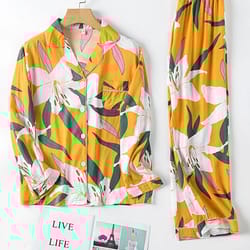 women floral print revere collar button up home pajamas sets with pocket