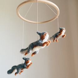 Squirrel family wool felt baby mobile