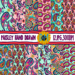 paisley seamless patterns, 12 hand drawn paisley digital paper set for scrapbooking and crafting, floral background