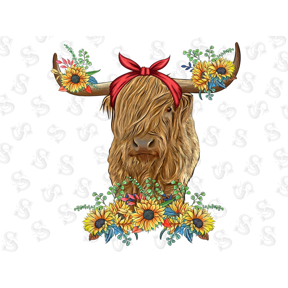 Western Highland Cow With Sunflower Bouquet Sublimation Design, Highland Cow Sunflower Png,Cow With Bandana Png,Farm Cow Sublimation Design - 1.jpg