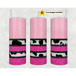 hot pink cow print 20oz skinny tumbler design templates, cowhide tumbler straight png digital download glitter print cow