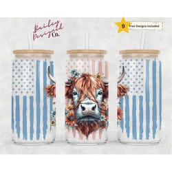 patriotic highland cow 16oz glass can wrap - digital download sublimation design - 16oz template,july 4th glass jar tum