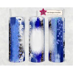 20oz skinny tumbler blank blue white leopard glitter sublimation design templates, sparkly, straight png digital downloa