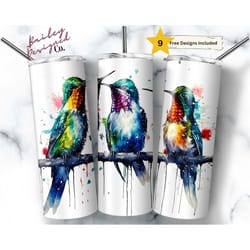 neon rainbow hummingbirds 20 oz skinny tumbler sublimation design digital download png instant digital only, hummingbird