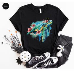 floral turtle shirt, sea turtle graphic tees, sea animals gifts, trendy oceans clothing, save the turtles vneck shirt, c
