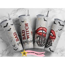 halloween 20 oz skinny tumbler sublimation design png, digital, bad witch vibes tumbler, witchy vibes, spooky cup design