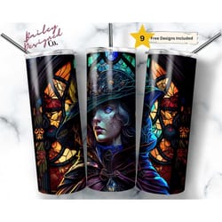 stained glass witch 20 oz skinny tumbler sublimation design digital download png instant digital only, witchy vibes tumb