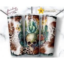 watercolor skull 20 oz skinny tumbler sublimation design digital download png instant digital only, rustic cactus tumble