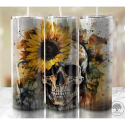 alcohol ink skull and sunflowers 20 oz skinny tumbler sublimation design digital download png instant digital only, skel