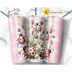 ladybugs watercolor floral 20 oz skinny tumbler sublimation design digital download png instant digital only, wildflower