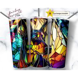 stained glass doberman 20 oz skinny tumbler sublimation design digital download png instant digital only, pet lover wra